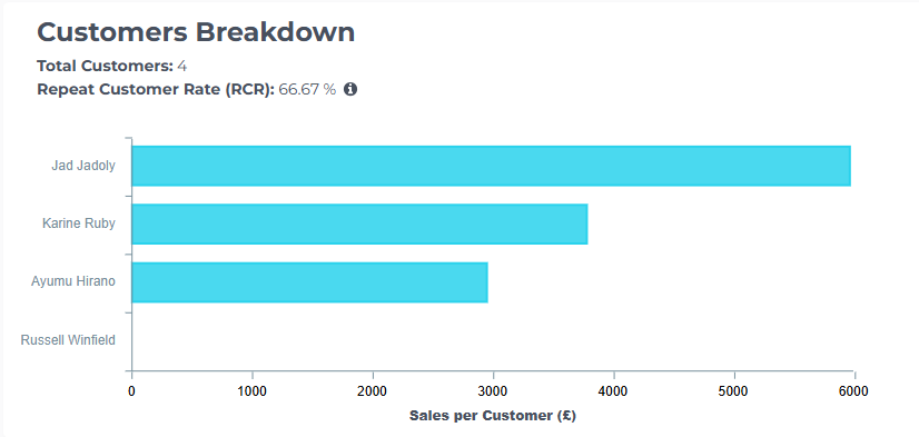 EcomStat customer breakdown showing sales and orders by customer