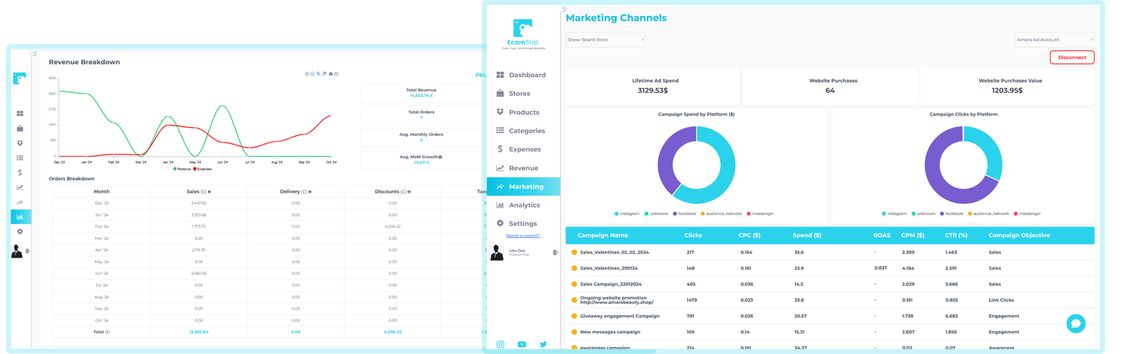 EcomStat expense and revenue overview